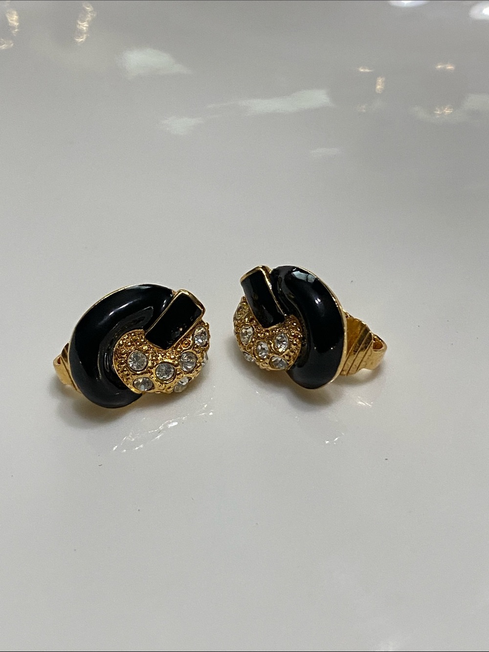 Avon Gold-Tone Black Enamel and Crystal Clip Earrings